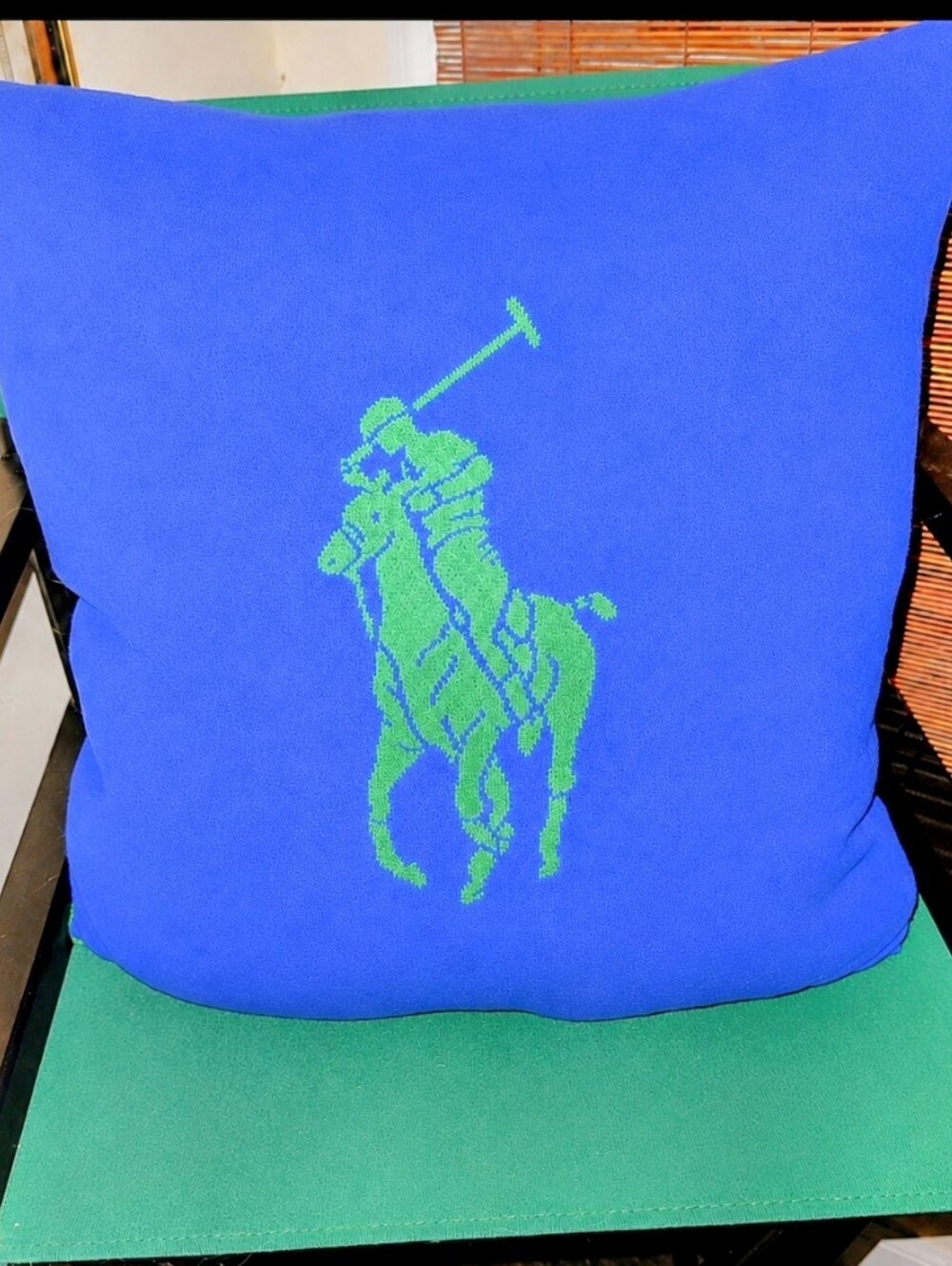 Ralph Lauren Custom Royal Blue Knit Pillow with Green Polo Player- Comes w/box!